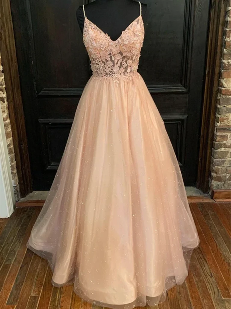 Elegant A-line V-neck lace long prom dress.