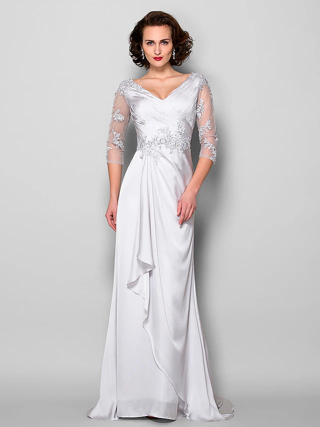 Elegant A-Line Mother of the Bride dress with V-neck and 3/4 sleeves.