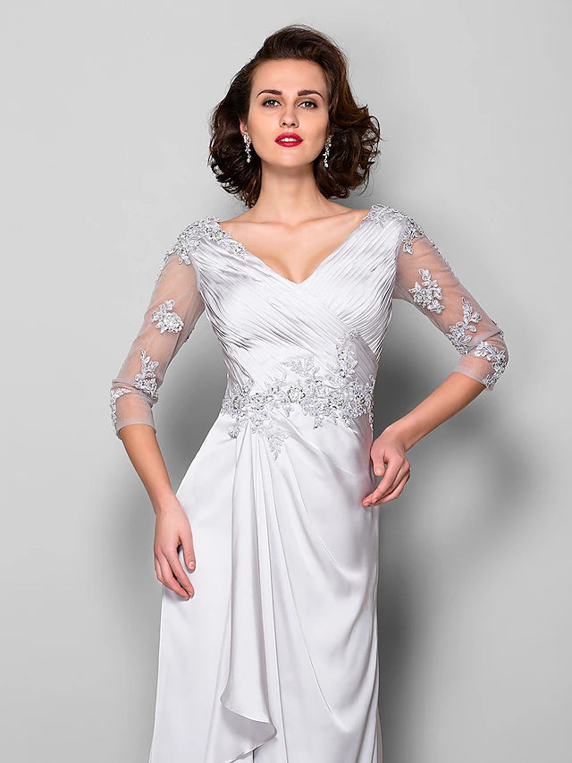 Side view of the A-Line satin chiffon dress, showing the sweep train.