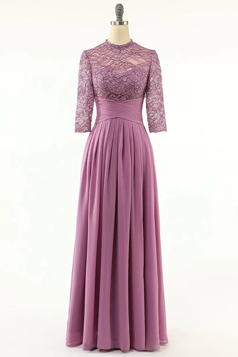 Full view of the A-line chiffon mother of the bride dress with lace details.