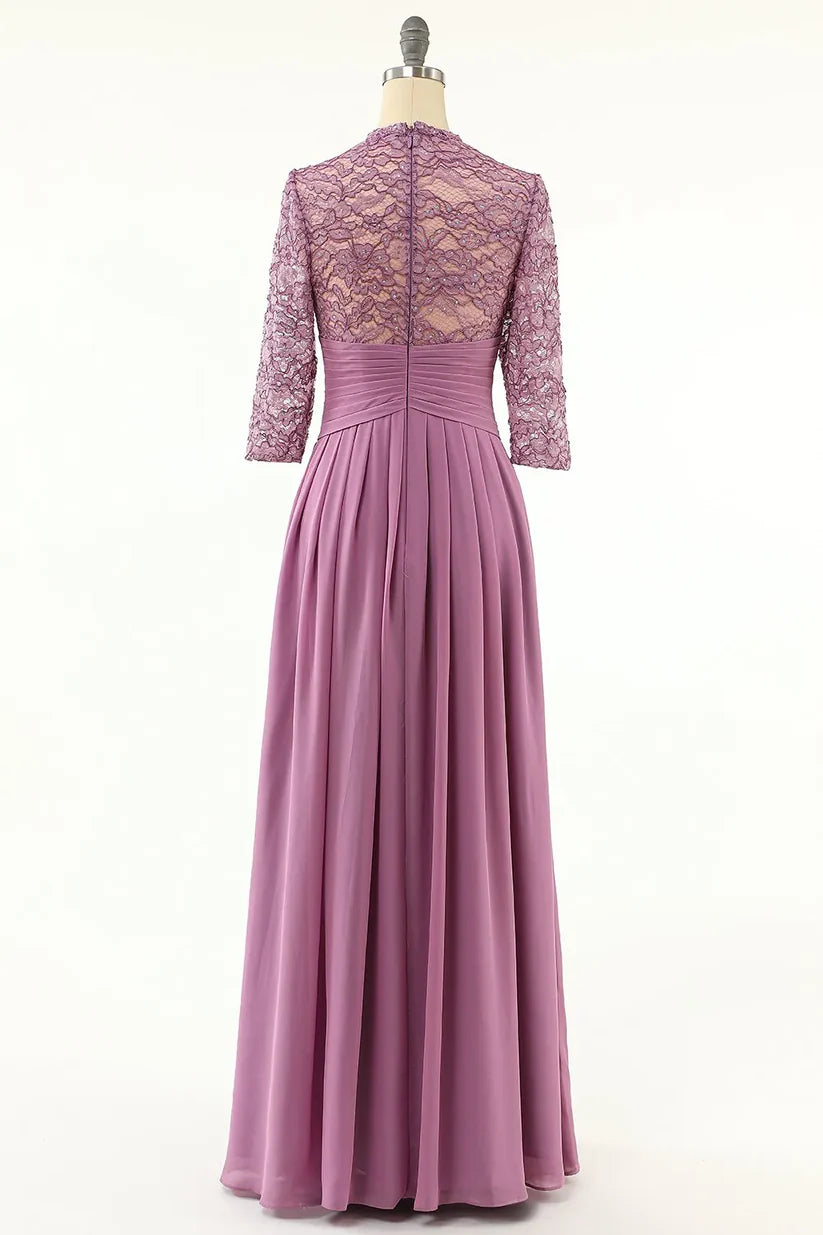 Side view of the elegant V-neck maxi dress, showing the flowing chiffon skirt.