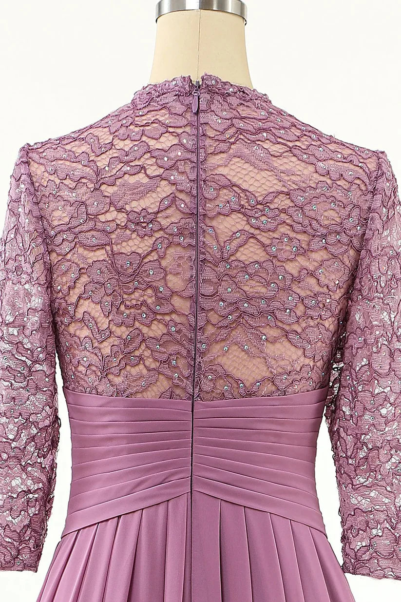 Full length view of the sophisticated chiffon and lace formal dress.