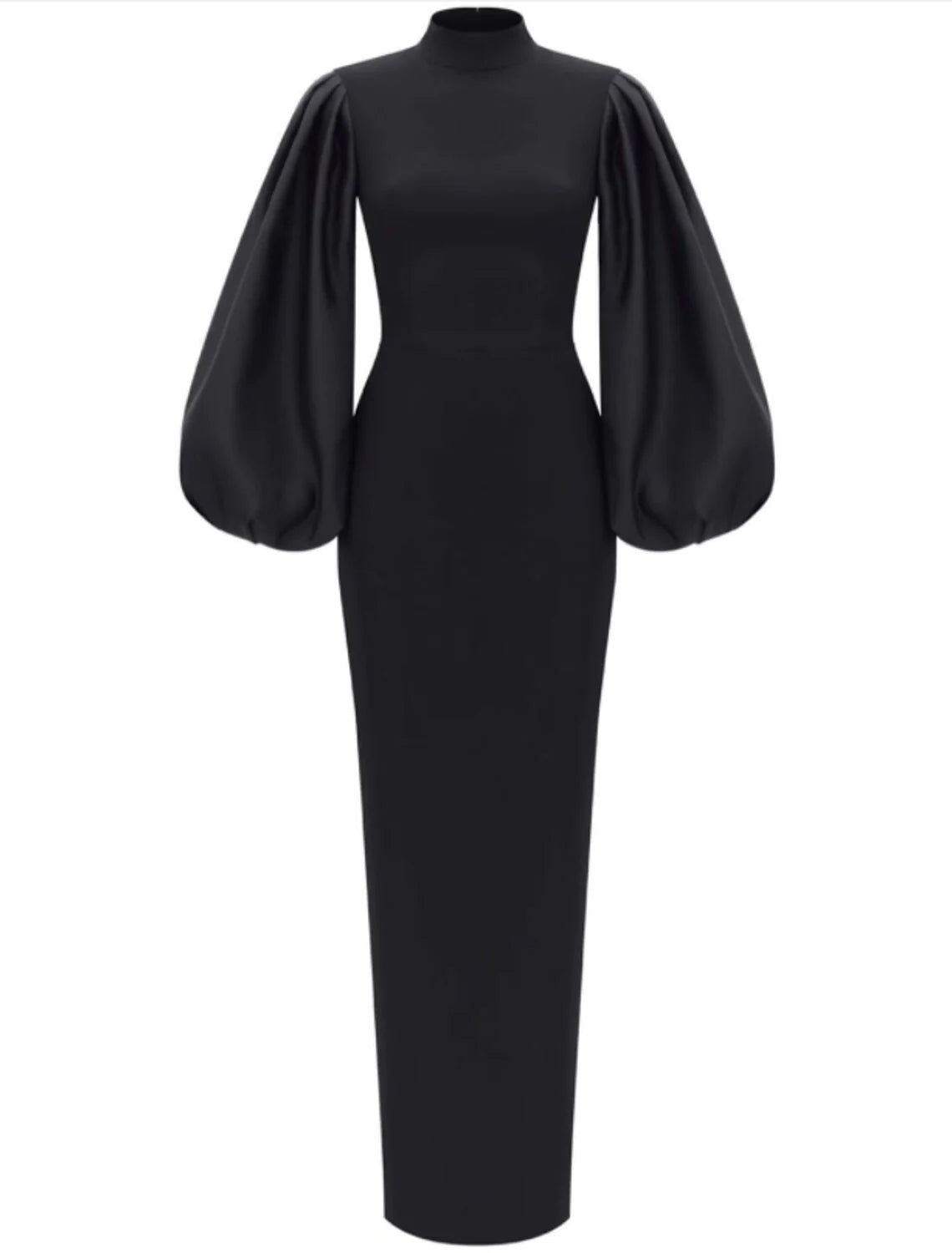 Front view of a model wearing a sophisticated black high-neck long-sleeve sheath evening gown.