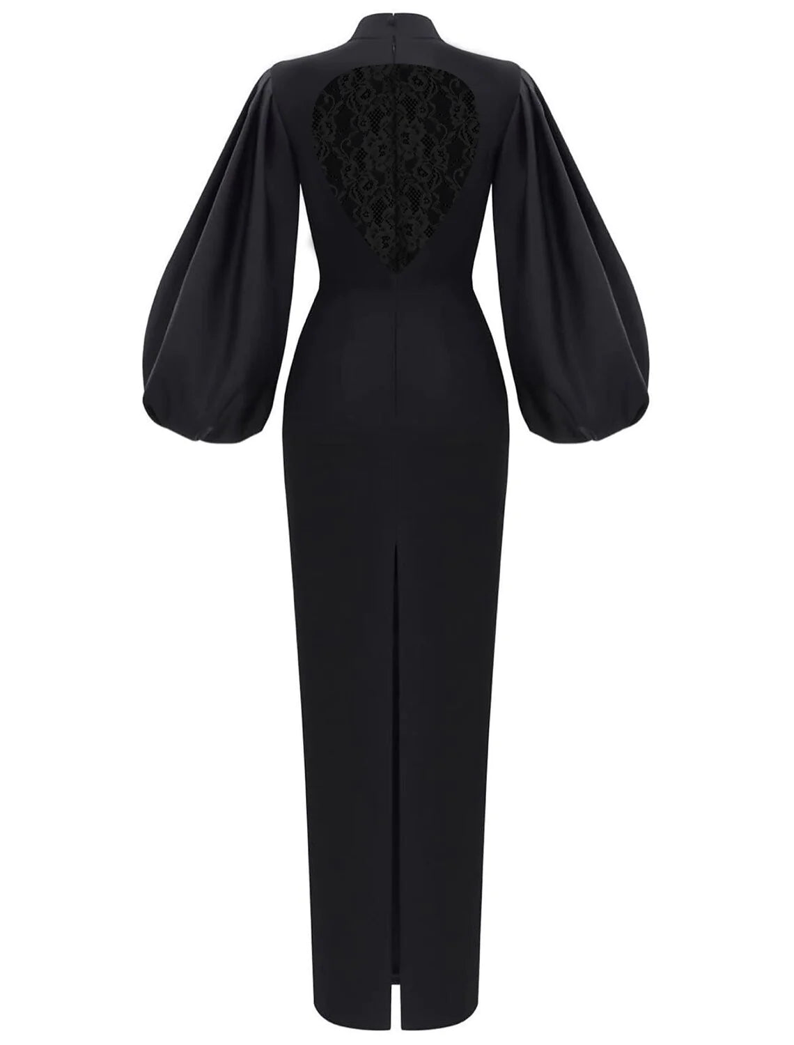 Side view of a model wearing a sophisticated black high-neck long-sleeve sheath evening gown.