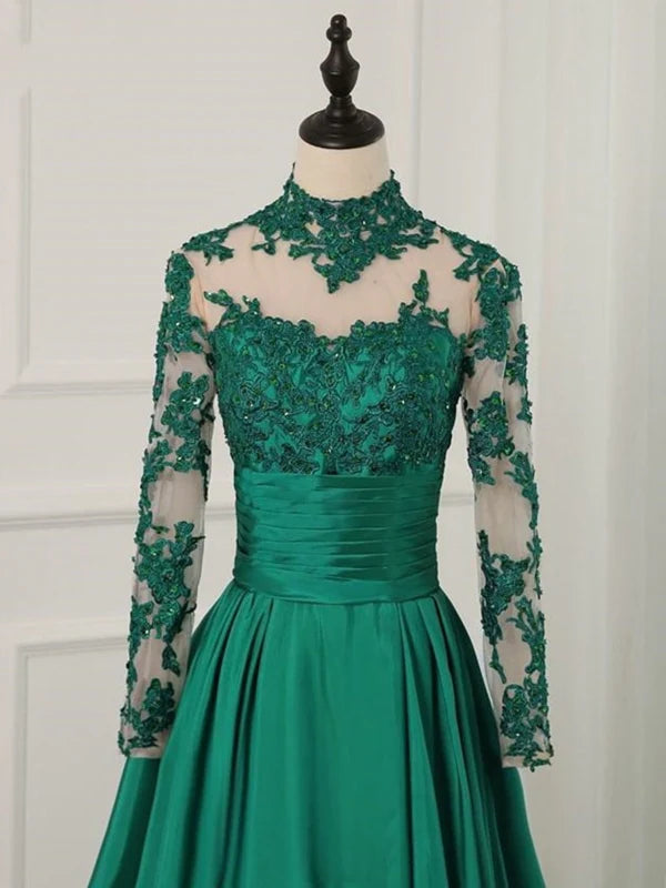 Woman wearing a sophisticated long sleeve high neck lace formal prom gown, back view.