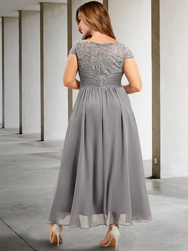 Side view of elegant plus size mother of the bride gown.