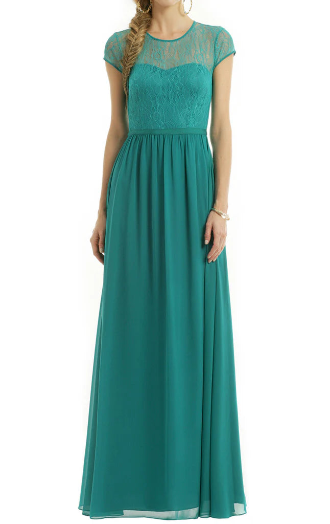 Model wearing an elegant long sleeve lace and chiffon mother of the bride dress.