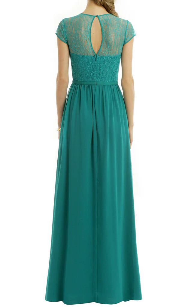 Elegant long sleeve lace and chiffon mother of the bride dress with intricate details.