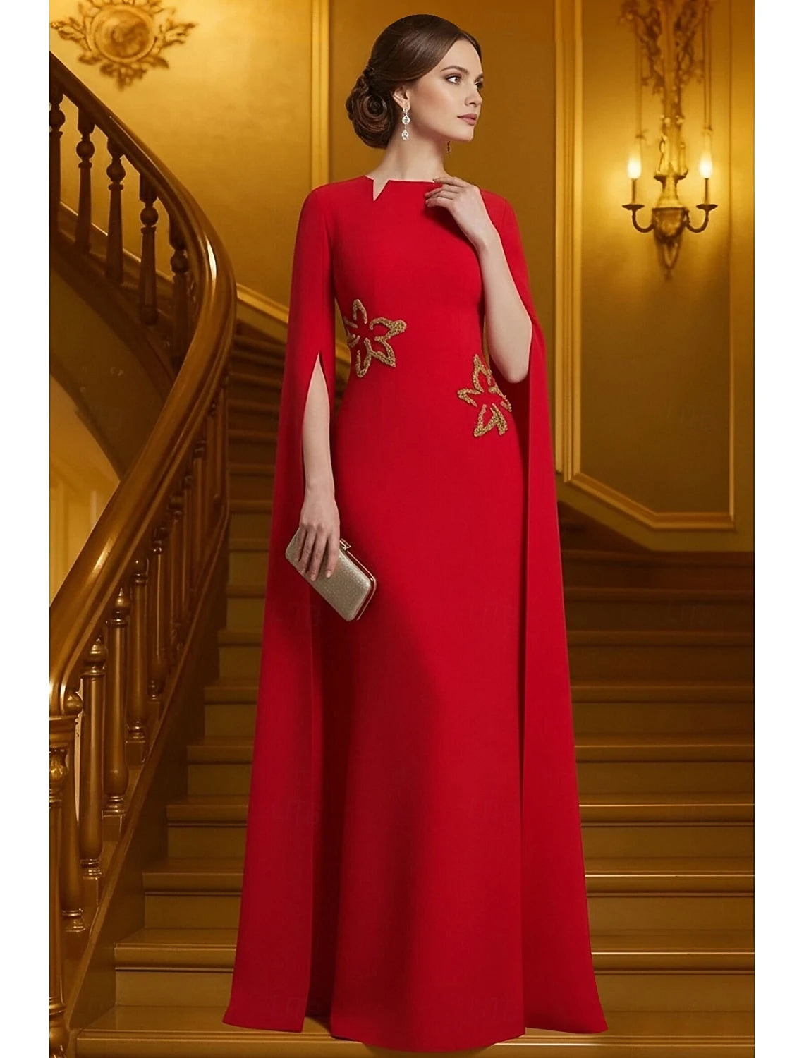 Sophisticated A-Line Boat Neck Cape Sleeve Embroidered Ruby Red Floor-Length Evening Gown