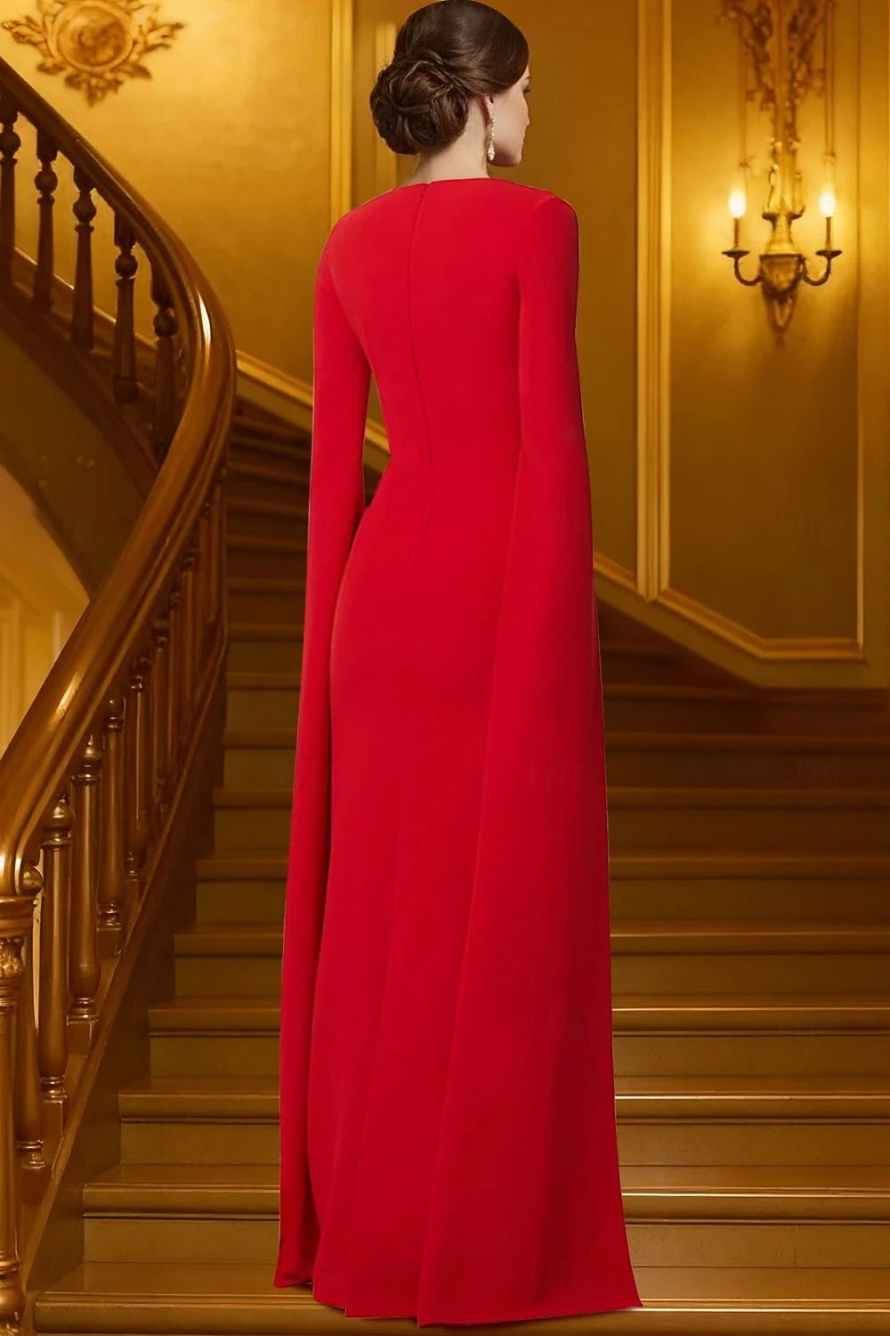 Sophisticated A-Line Boat Neck Cape Sleeve Embroidered Ruby Red Floor-Length Evening Gown
