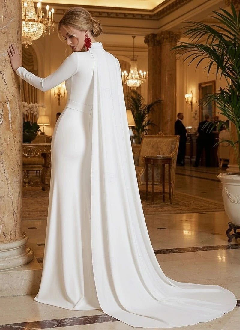 Sophisticated A-Line High Neck Long Sleeve Cape Draped White Floor-Length Evening Gown