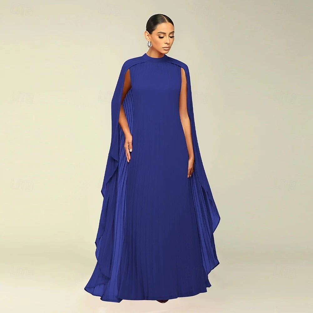 Sophisticated A-Line High Neck Sleeveless Cape Royal Blue Floor-Length Prom Dress