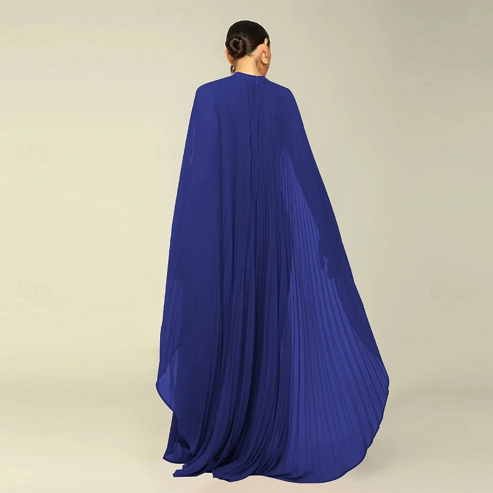 Sophisticated A-Line High Neck Sleeveless Cape Royal Blue Floor-Length Prom Dress