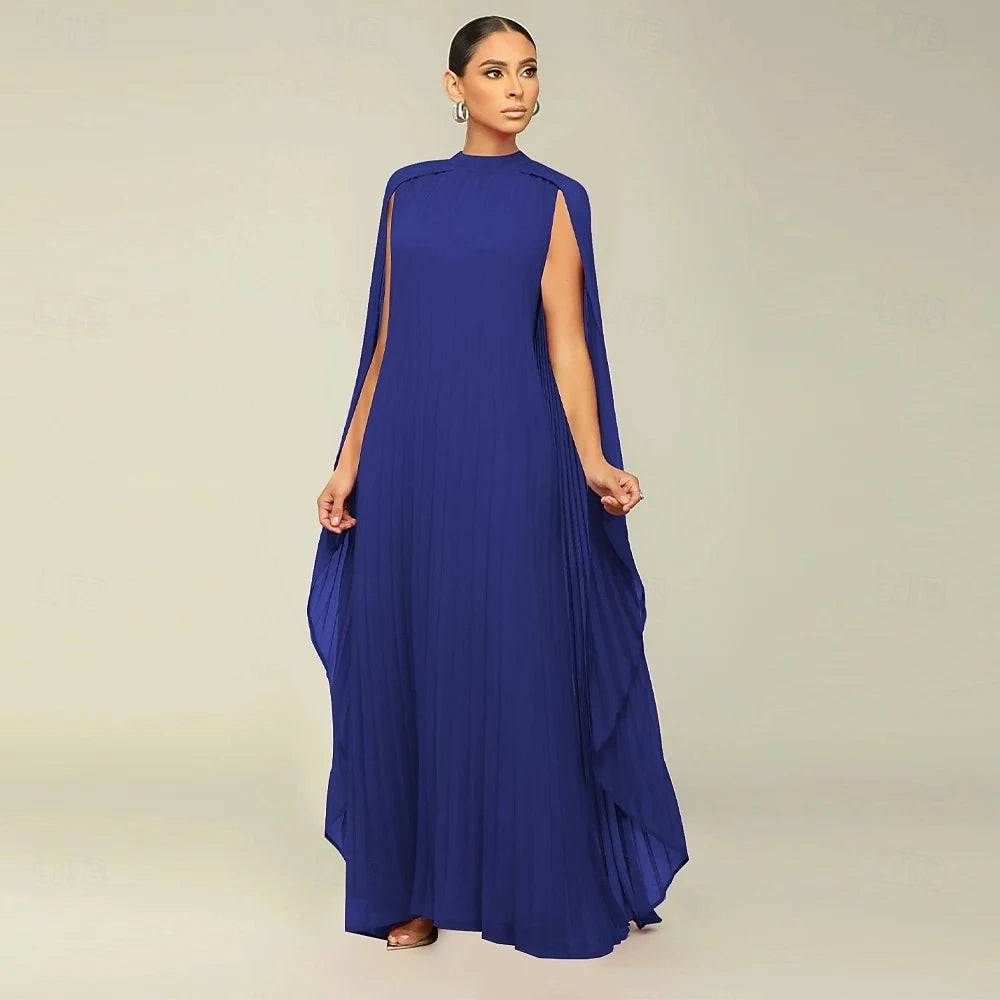 Sophisticated A-Line High Neck Sleeveless Cape Royal Blue Floor-Length Prom Dress