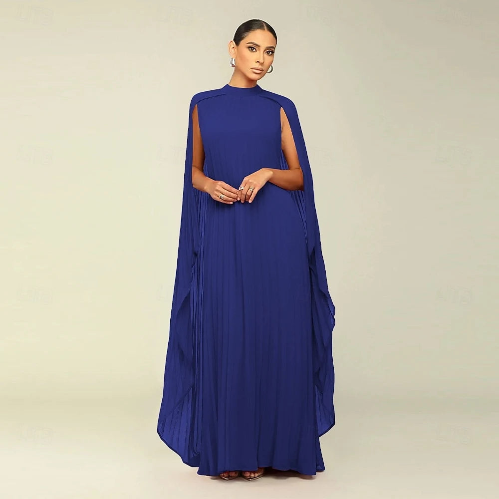 Sophisticated A-Line High Neck Sleeveless Cape Royal Blue Floor-Length Prom Dress