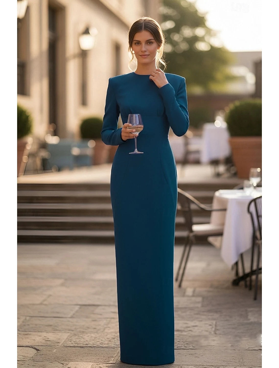 Sophisticated Sheath Boat Neck Long Sleeve Minimalist Teal Floor-Length Evening Gown
