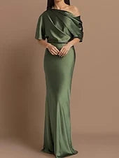 Sophisticated Sheath One-Shoulder Draped Glamorous Olive Green Floor-Length Prom Gown