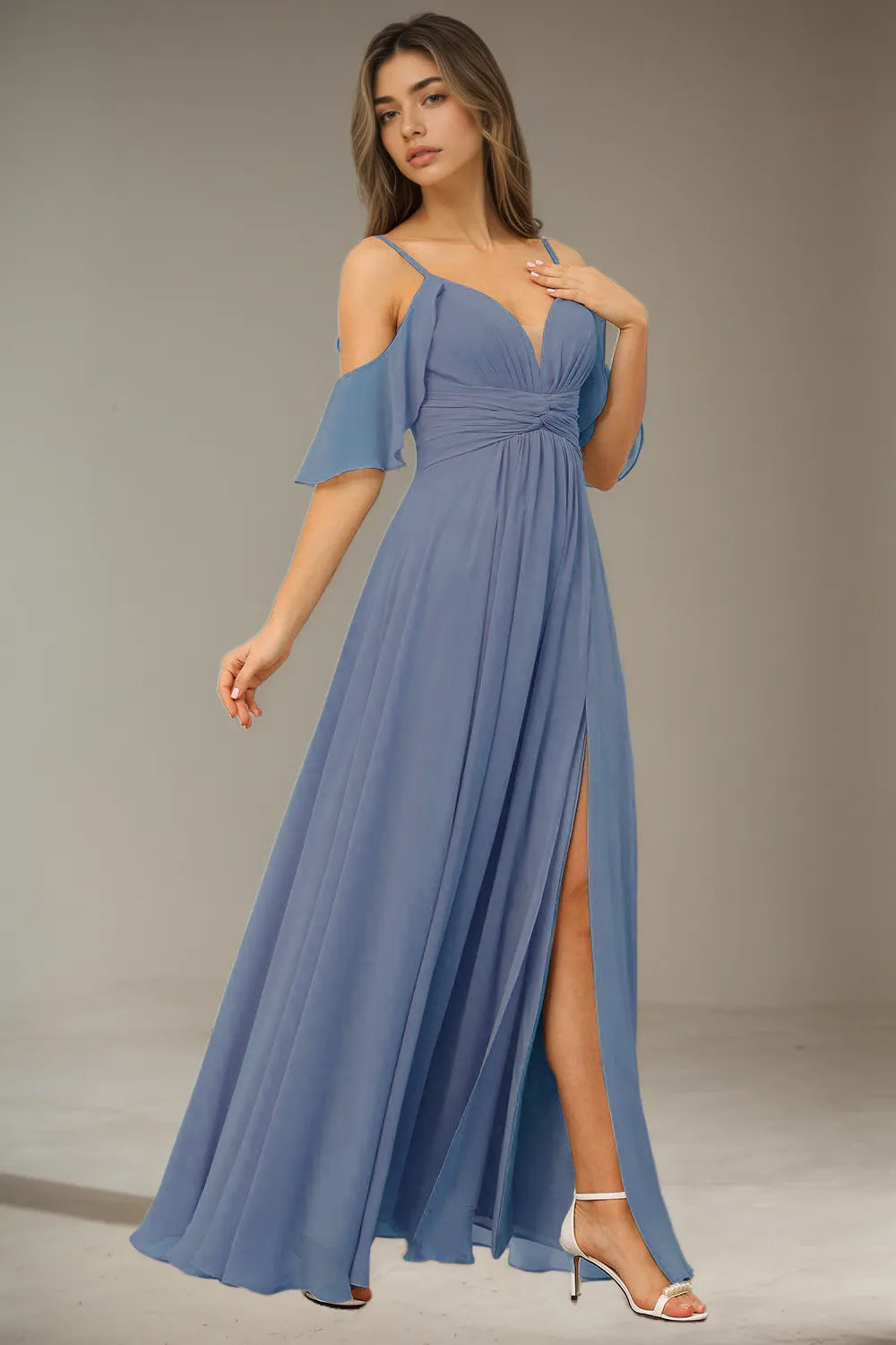 Spaghetti Strap Cold Shoulder Chiffon A Line Ruched Waist Slit Lace Up Back Long Formal Evening Prom Dress