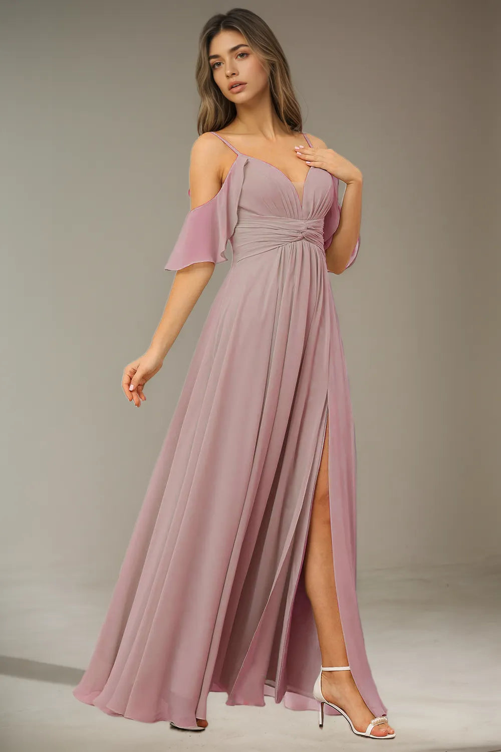 Spaghetti Strap Cold Shoulder Chiffon A Line Ruched Waist Slit Lace Up Back Long Formal Evening Prom Dress