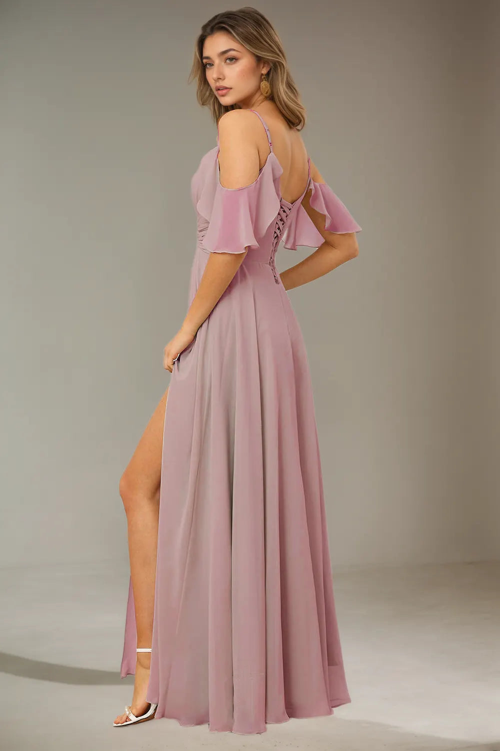 Spaghetti Strap Cold Shoulder Chiffon A Line Ruched Waist Slit Lace Up Back Long Formal Evening Prom Dress