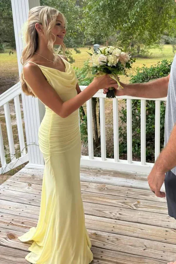 Spaghetti Strap Cowl Neck Ruched Chiffon Mermaid Evening Dress with Backless Design and High Slit