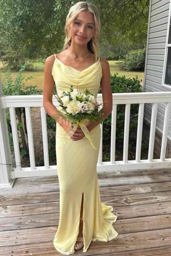 Spaghetti Strap Cowl Neck Ruched Chiffon Mermaid Evening Dress with Backless Design and High Slit