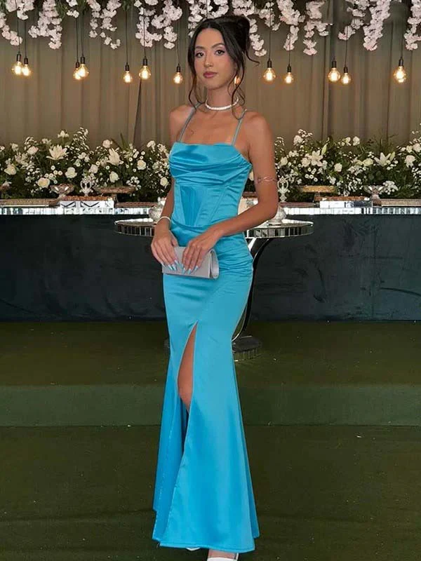 Spaghetti Strap Cowl Neck Satin Mermaid Evening Dress with Backless Design and High Slit