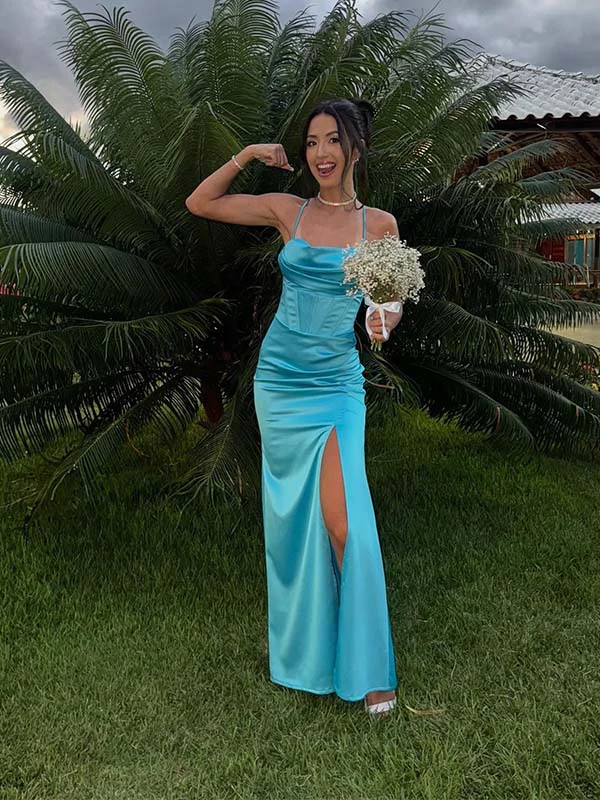 Spaghetti Strap Cowl Neck Satin Mermaid Evening Dress with Backless Design and High Slit