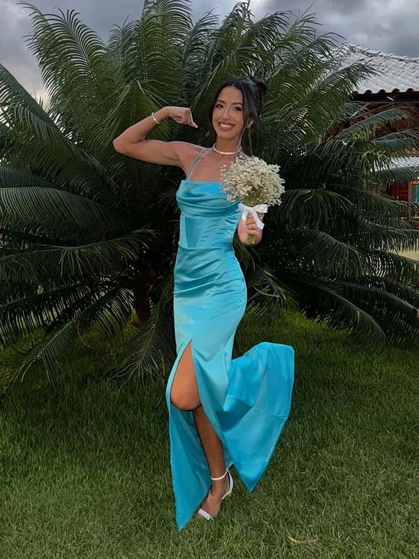 Spaghetti Strap Cowl Neck Satin Mermaid Evening Dress with Backless Design and High Slit