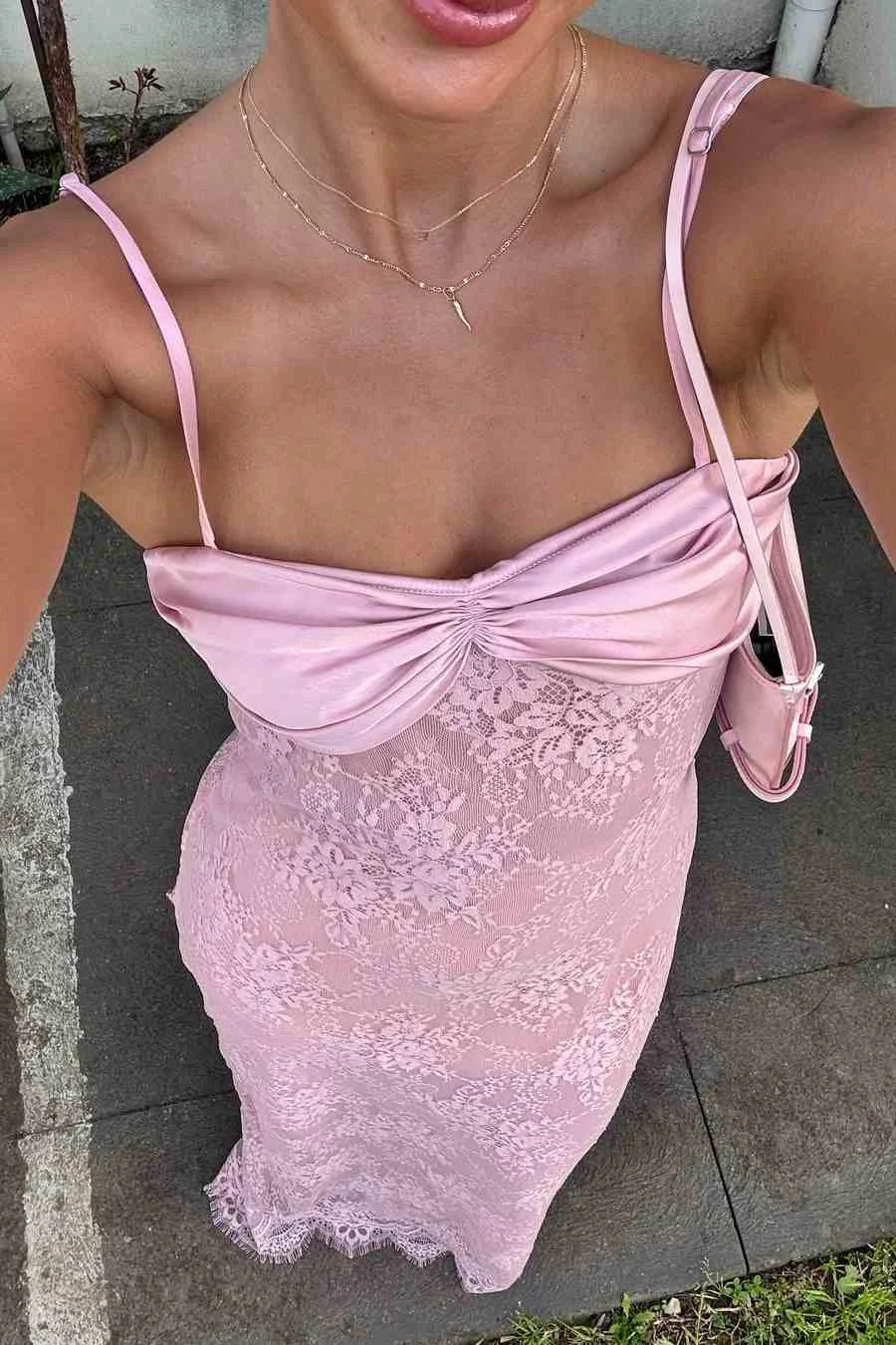 Spaghetti Strap Floral Lace Maxi Dress with Twisted Bust Detail Elegant Romantic Soft Blush Pink Summer Long Dress
