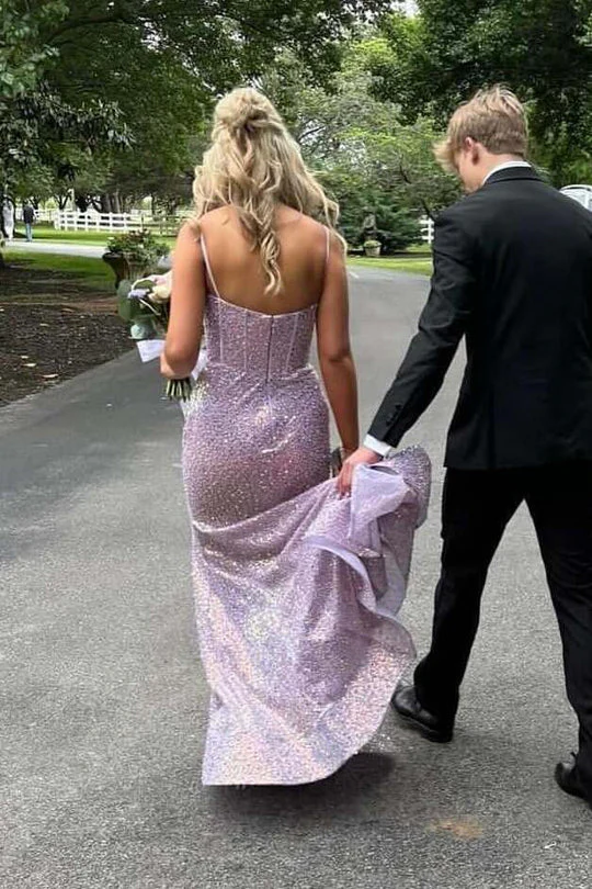 Spaghetti Strap Iridescent Sequin Mermaid Evening Dress with Deep V-Neck and Sweep Train