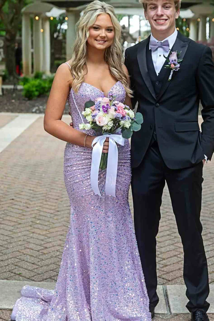 Spaghetti Strap Iridescent Sequin Mermaid Evening Dress with Deep V-Neck and Sweep Train