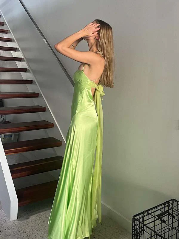 Spaghetti Strap Ruched Bust Satin Maxi Evening Dress with Backless Tie Detail and High Slit
