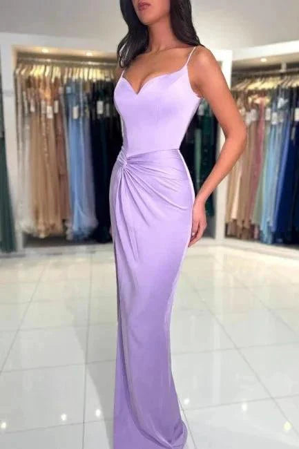 Spaghetti Strap Ruched Lavender Satin Prom Dress