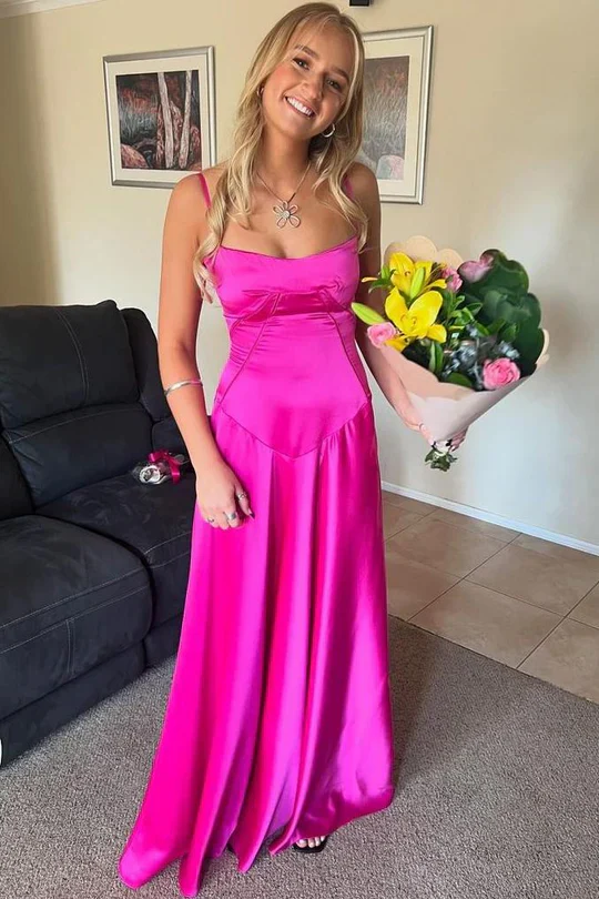 Spaghetti Strap Satin A-Line Evening Dress with Bow Detail and Lace-Up Back