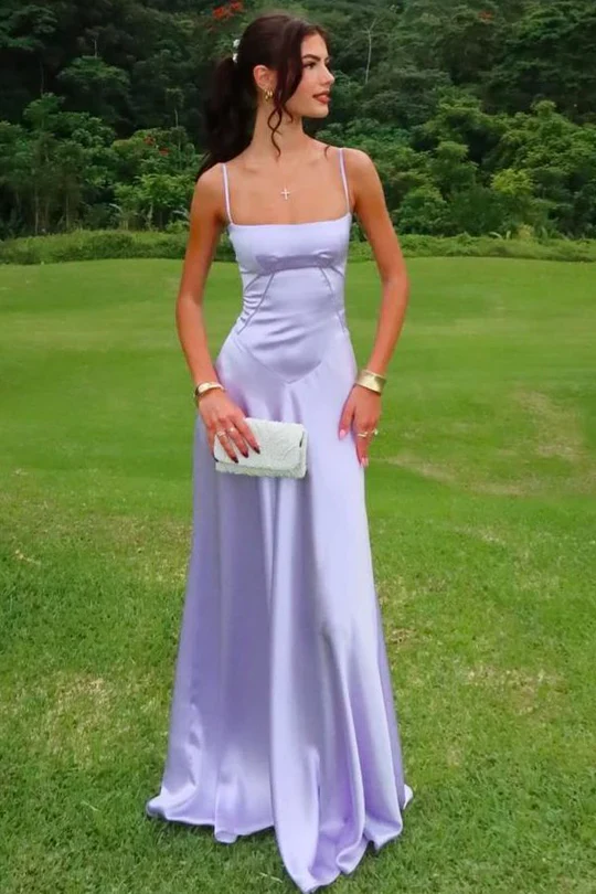 Spaghetti Strap Satin A-Line Evening Dress with Bow Detail and Lace-Up Back