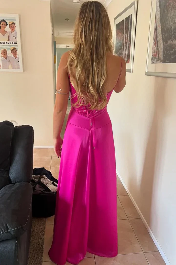 Spaghetti Strap Satin A-Line Evening Dress with Bow Detail and Lace-Up Back