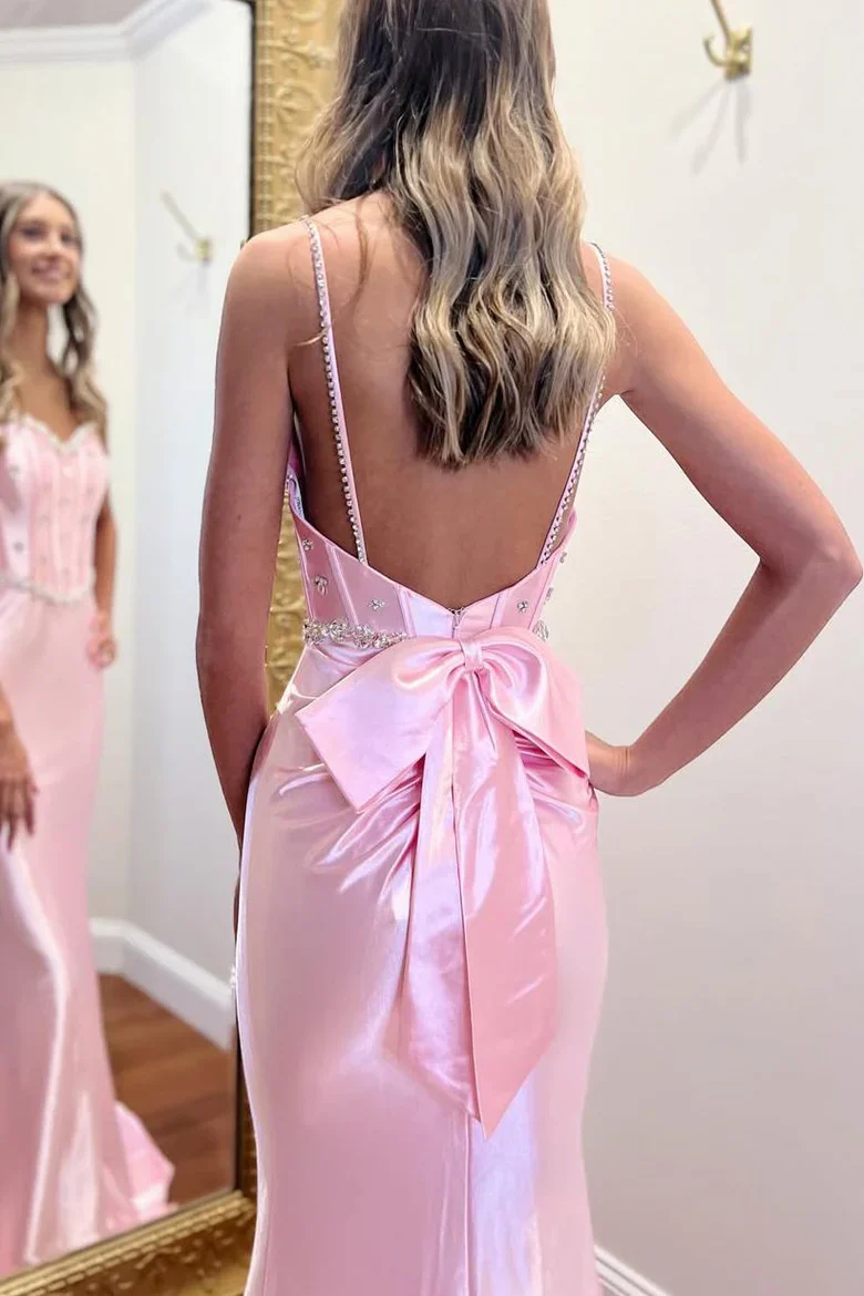 Spaghetti Strap Satin Mermaid Evening Dress with Crystal Beaded Trim, Back Bow Detail and Open Back Train