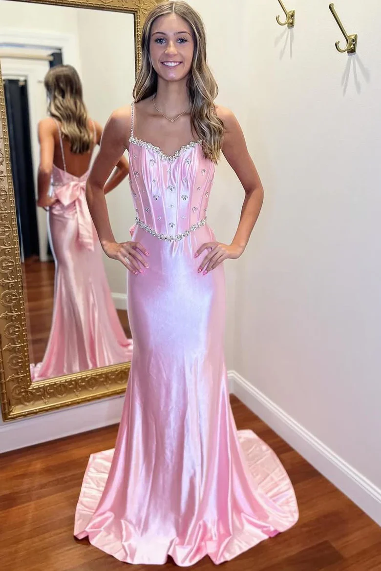 Spaghetti Strap Satin Mermaid Evening Dress with Crystal Beaded Trim, Back Bow Detail and Open Back Train