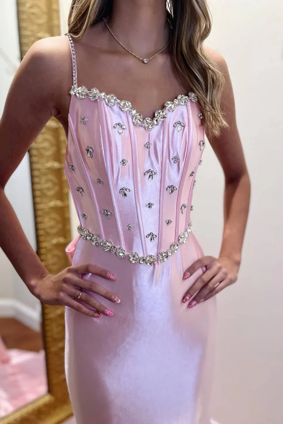 Spaghetti Strap Satin Mermaid Evening Dress with Crystal Beaded Trim, Back Bow Detail and Open Back Train