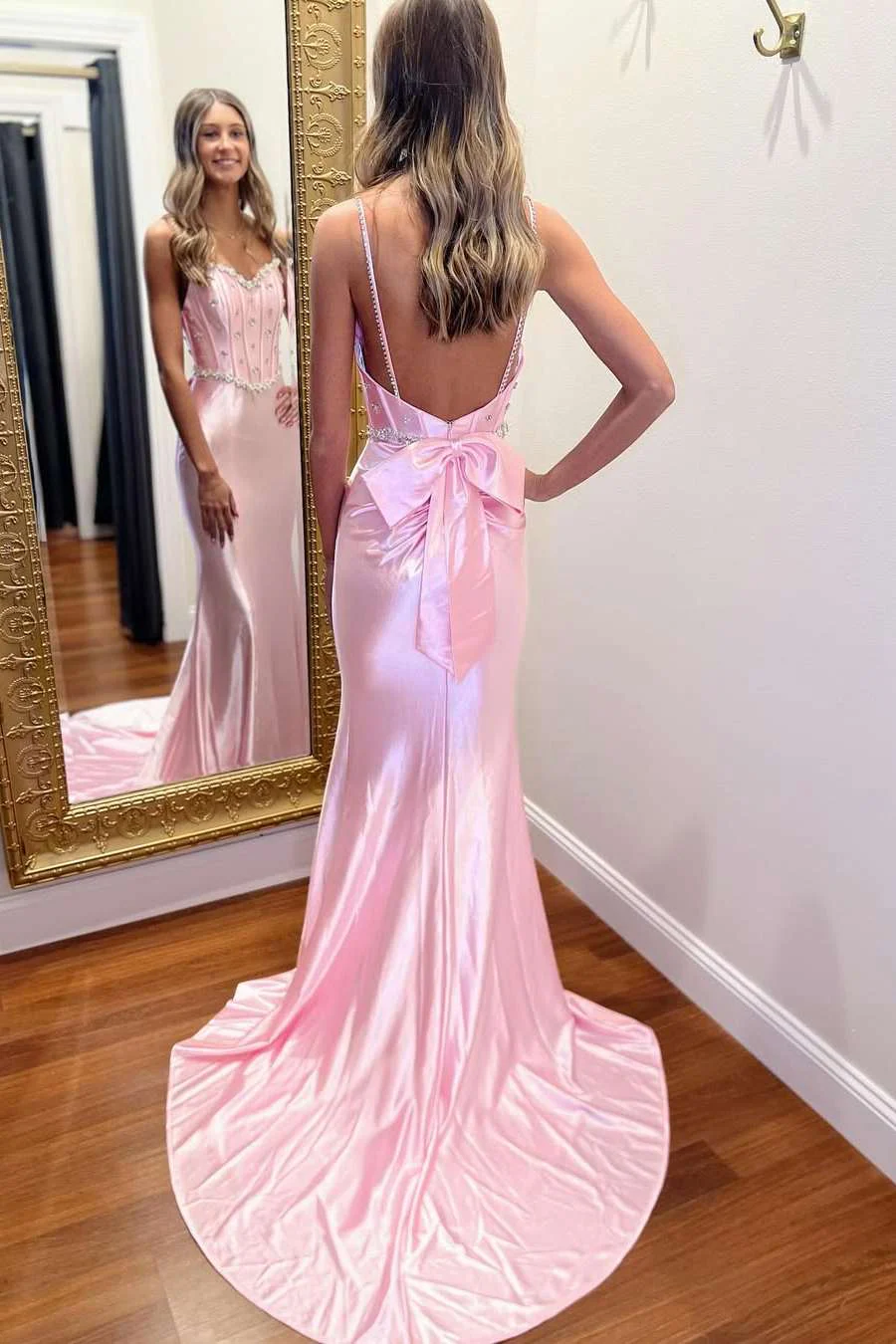 Spaghetti Strap Satin Mermaid Evening Dress with Crystal Beaded Trim, Back Bow Detail and Open Back Train