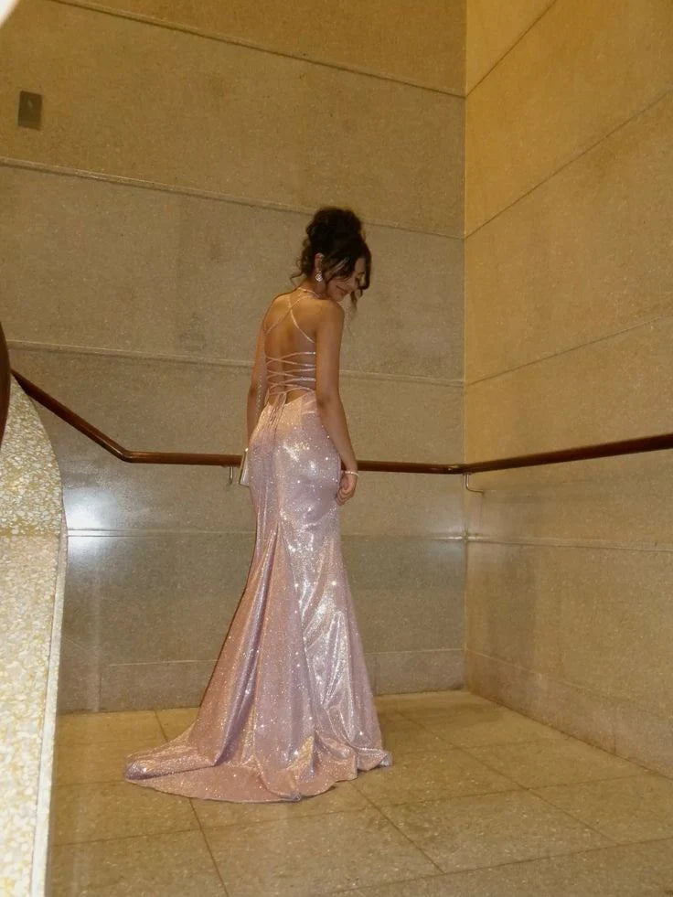 Spaghetti Strap Sequin Lace-Up Back Blush Pink Mermaid Prom Dress