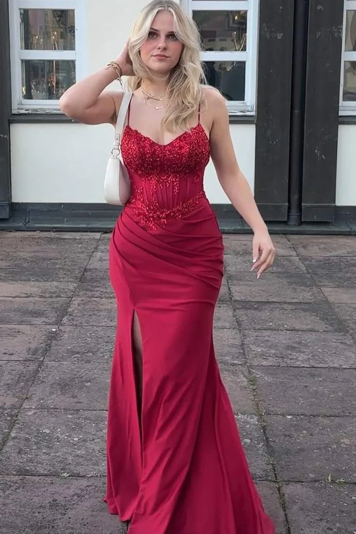 Spaghetti Strap Sequin Lace Mermaid Evening Dress with Ruched Waist, High Slit and Lace-Up Back