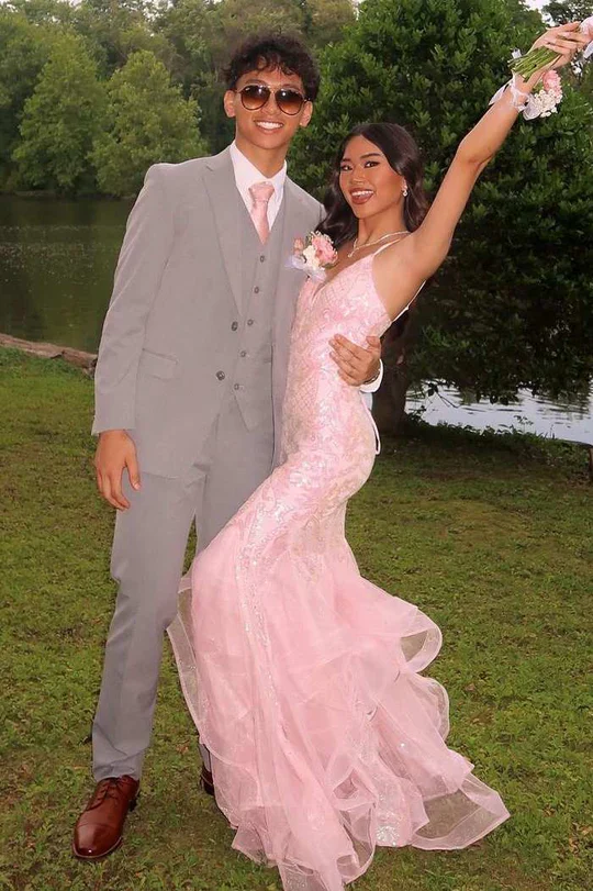 Spaghetti Strap Sequin Lace Mermaid Evening Dress with Tiered Tulle Skirt and Back Cutout