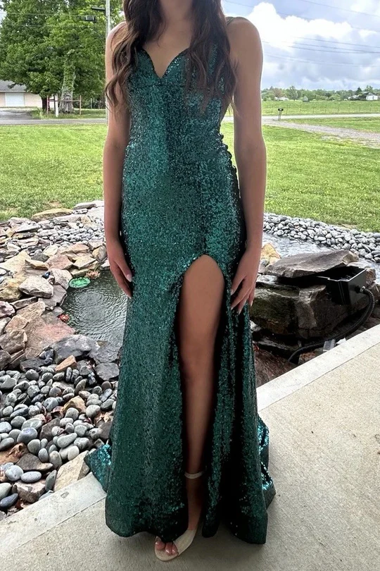 Spaghetti Strap Sequin Mermaid Evening Dress with Ruched Back, High Slit and Open Back Train