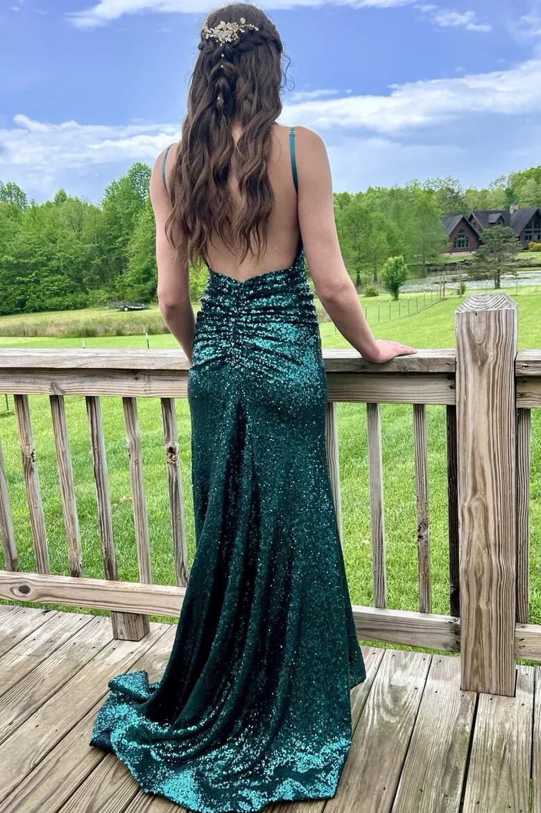 Spaghetti Strap Sequin Mermaid Evening Dress with Ruched Back, High Slit and Open Back Train