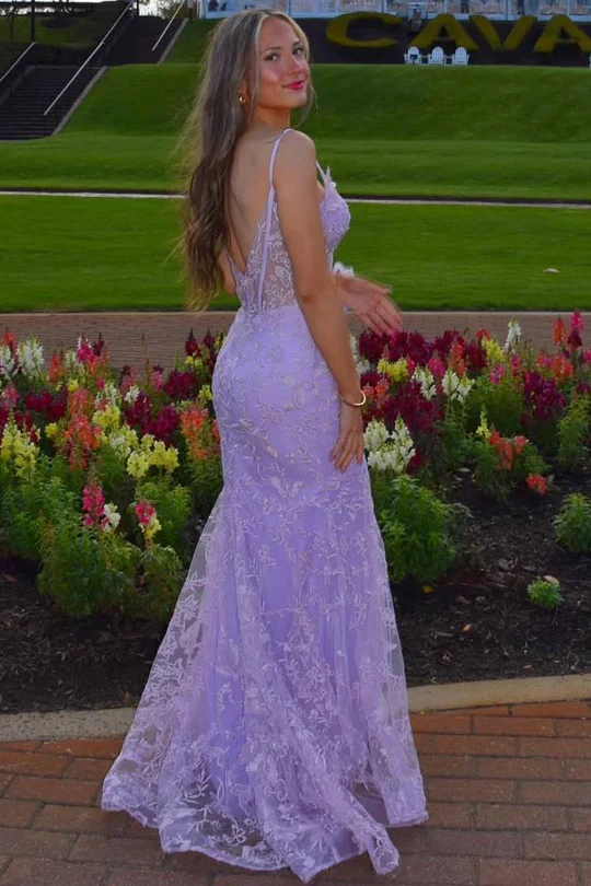 Spaghetti Strap Sheer Corset Lace Mermaid Evening Dress with Floral Appliqué and Open Back