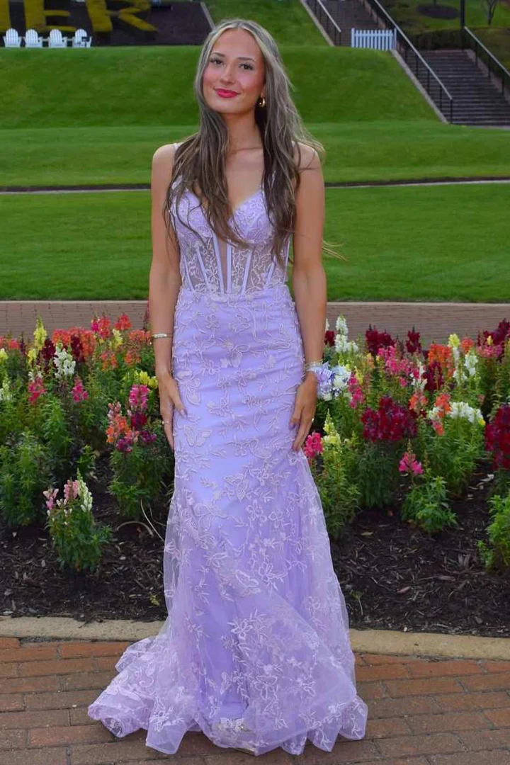 Spaghetti Strap Sheer Corset Lace Mermaid Evening Dress with Floral Appliqué and Open Back