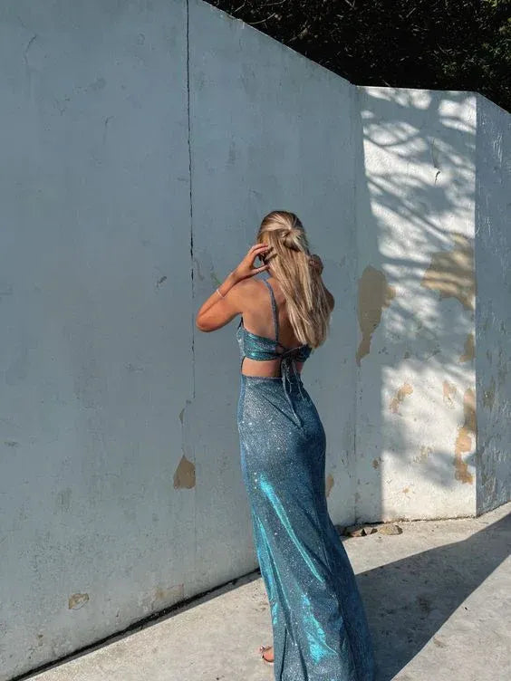 Spaghetti Strap Square Neck Sequin Cut Out Back Tie High Slit Maxi Evening Dresses