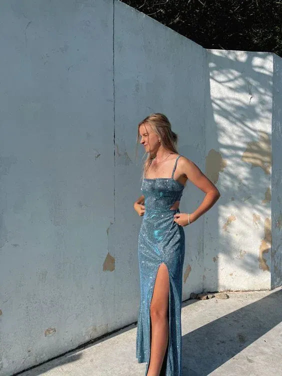 Spaghetti Strap Square Neck Sequin Cut Out Back Tie High Slit Maxi Evening Dresses